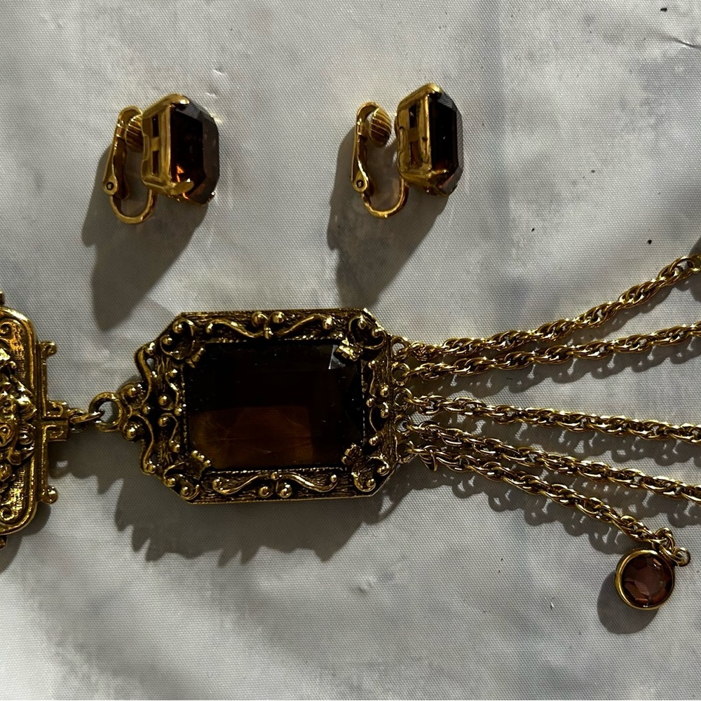 Vintage Gold and Smokey Chocolate Emerald Cut Brooch and Earring Set